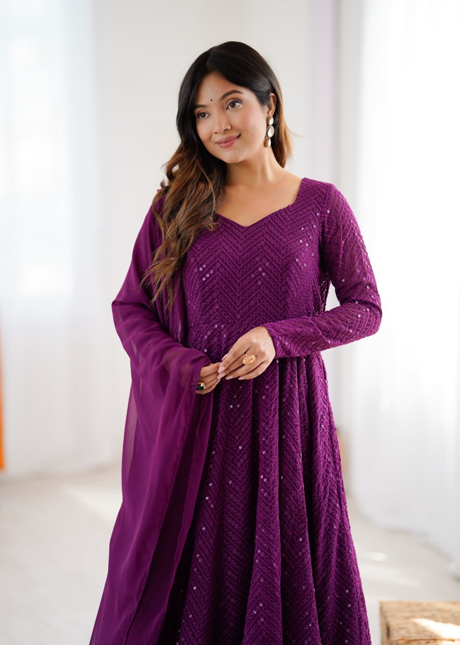 WINE Premium Lucknowi Fox Georgette Anarkali Suit Set with Dupatta