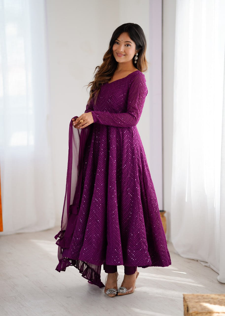 WINE Premium Lucknowi Fox Georgette Anarkali Suit Set with Dupatta