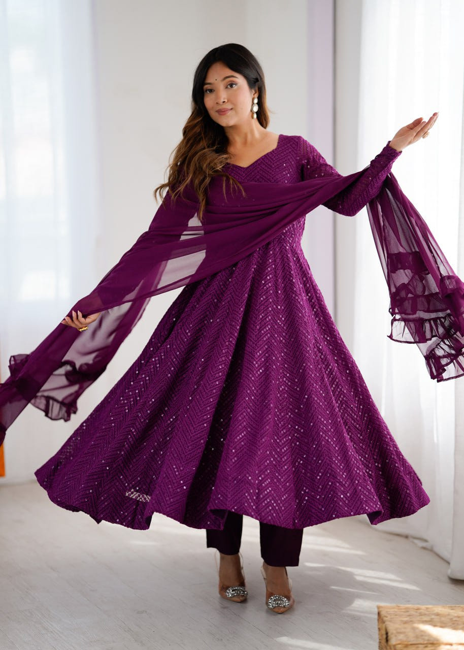 WINE Premium Lucknowi Fox Georgette Anarkali Suit Set with Dupatta