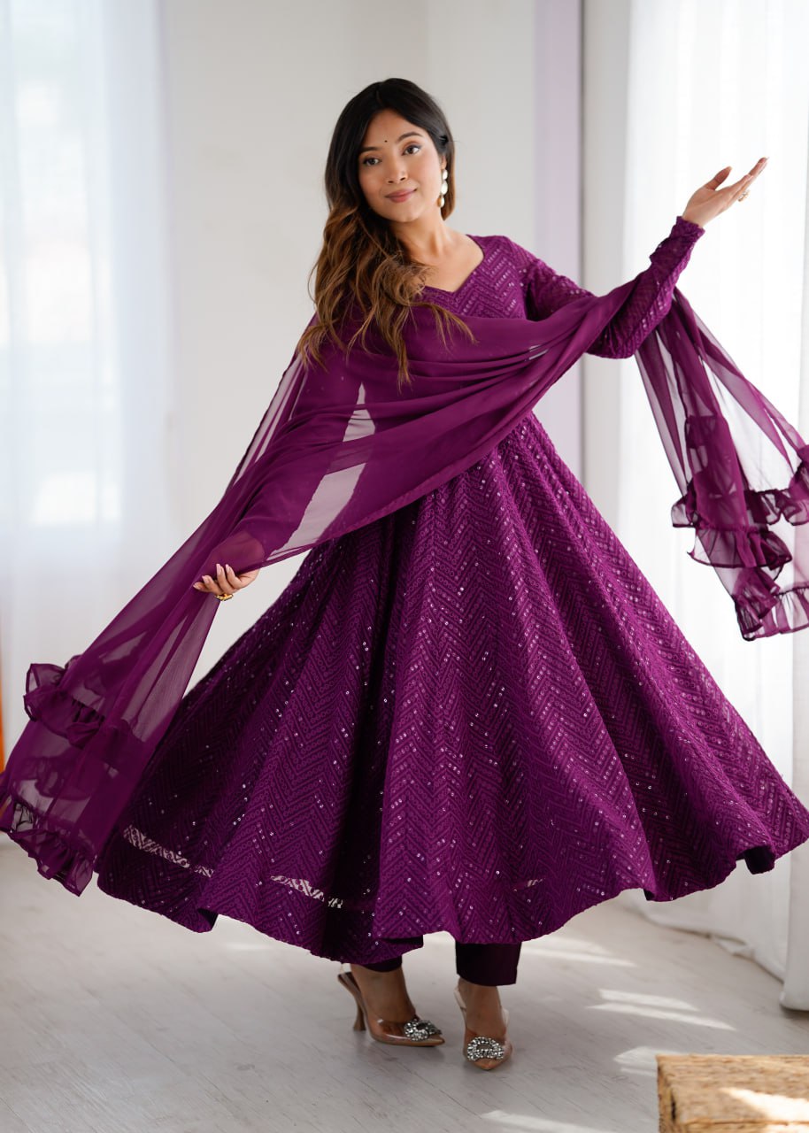 WINE Premium Lucknowi Fox Georgette Anarkali Suit Set with Dupatta