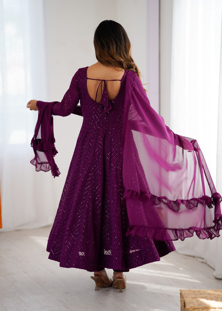 WINE Premium Lucknowi Fox Georgette Anarkali Suit Set with Dupatta