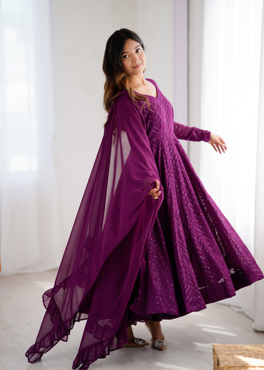 WINE Premium Lucknowi Fox Georgette Anarkali Suit Set with Dupatta