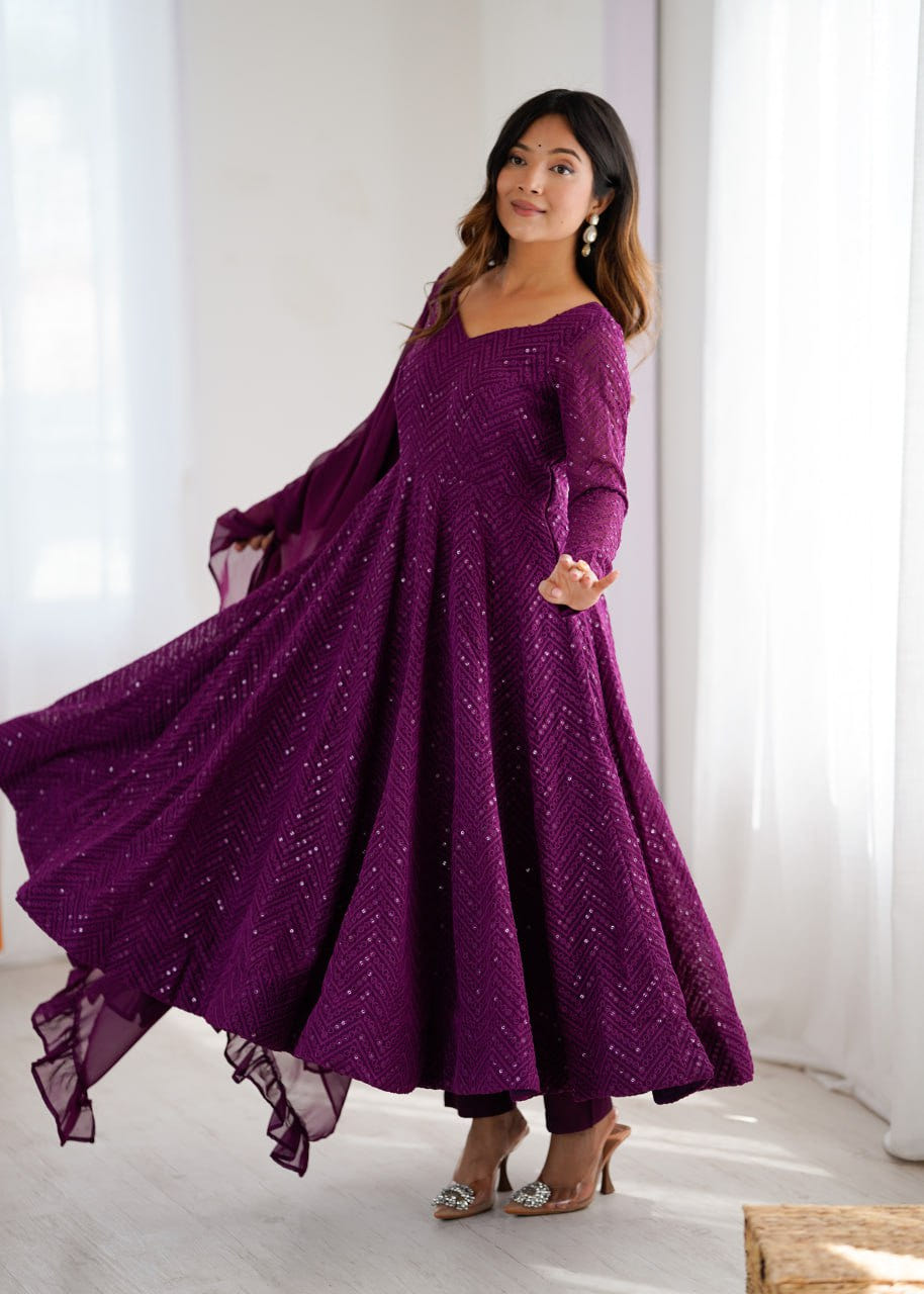 WINE Premium Lucknowi Fox Georgette Anarkali Suit Set with Dupatta