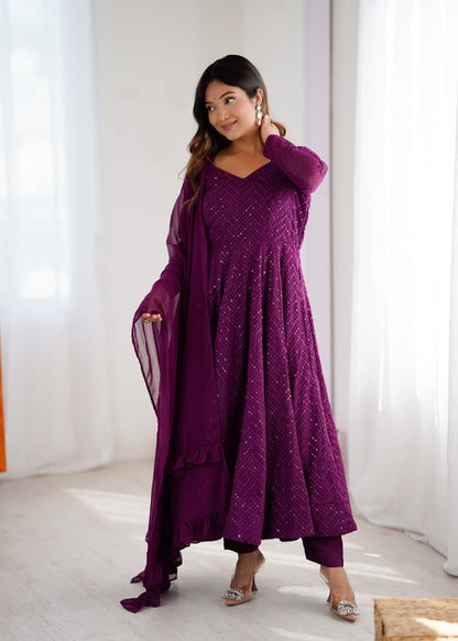 WINE Premium Lucknowi Fox Georgette Anarkali Suit Set with Dupatta