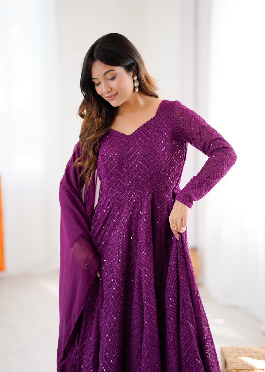 WINE Premium Lucknowi Fox Georgette Anarkali Suit Set with Dupatta
