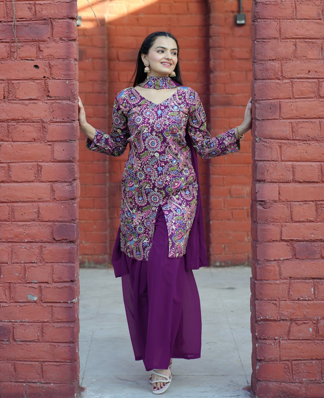 Wine Tapeta Silk Embroidered Sharara Suit with Sequins & Real Mirror Work