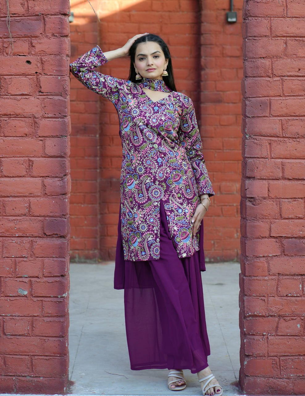 Wine Tapeta Silk Embroidered Sharara Suit with Sequins & Real Mirror Work