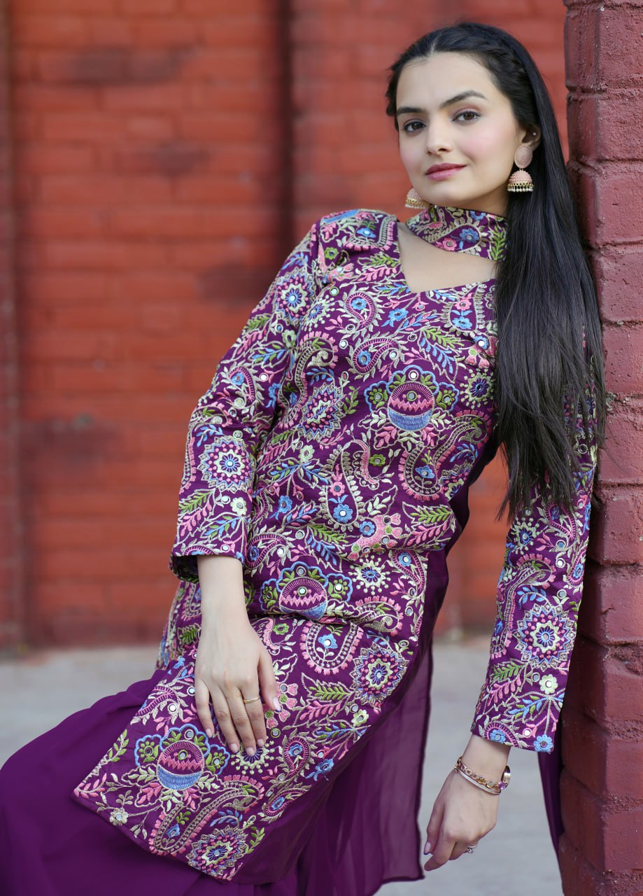 Wine Tapeta Silk Embroidered Sharara Suit with Sequins & Real Mirror Work