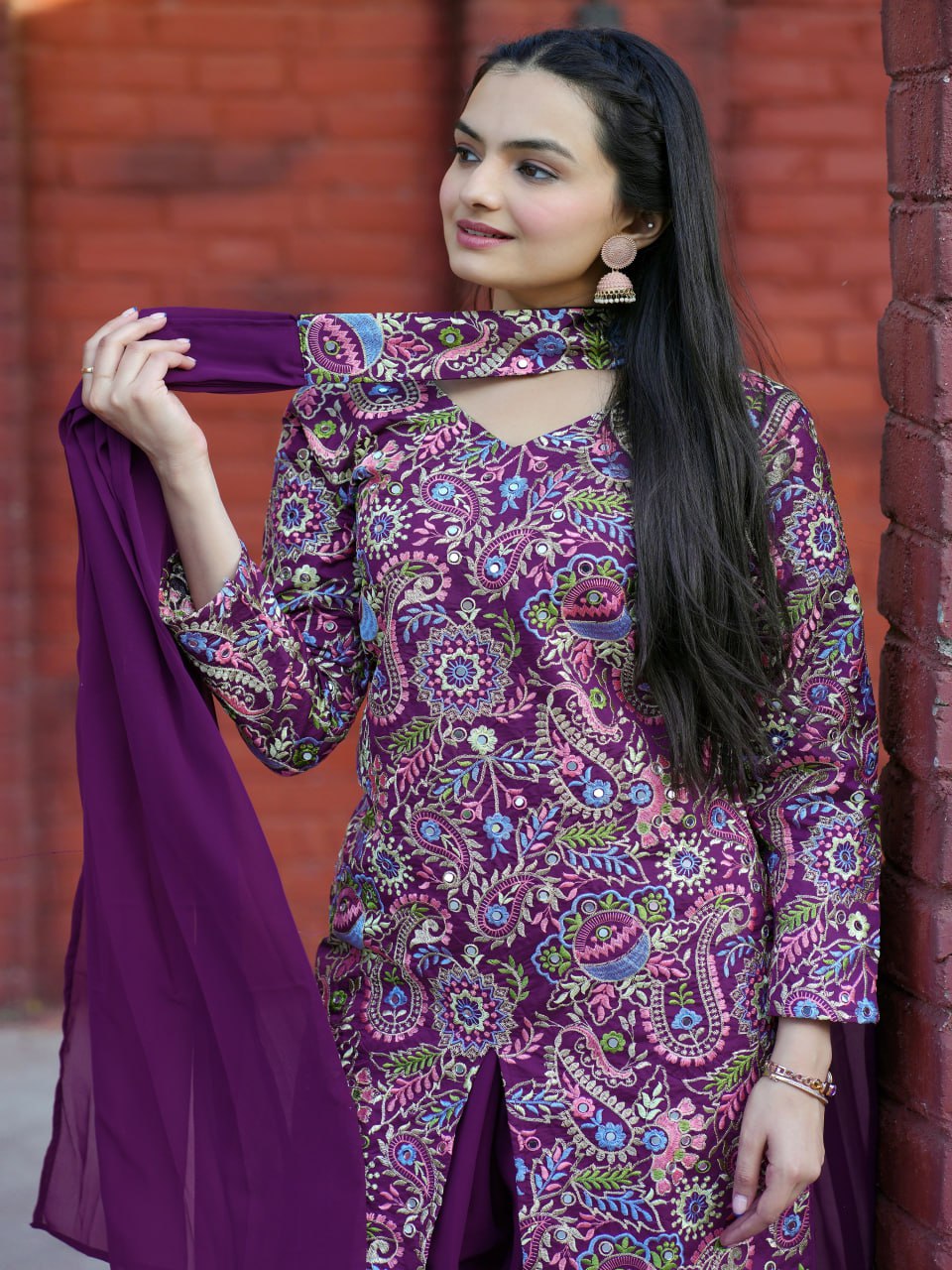 Wine Tapeta Silk Embroidered Sharara Suit with Sequins & Real Mirror Work