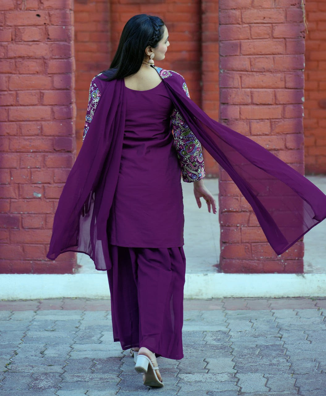 Wine Tapeta Silk Embroidered Sharara Suit with Sequins & Real Mirror Work