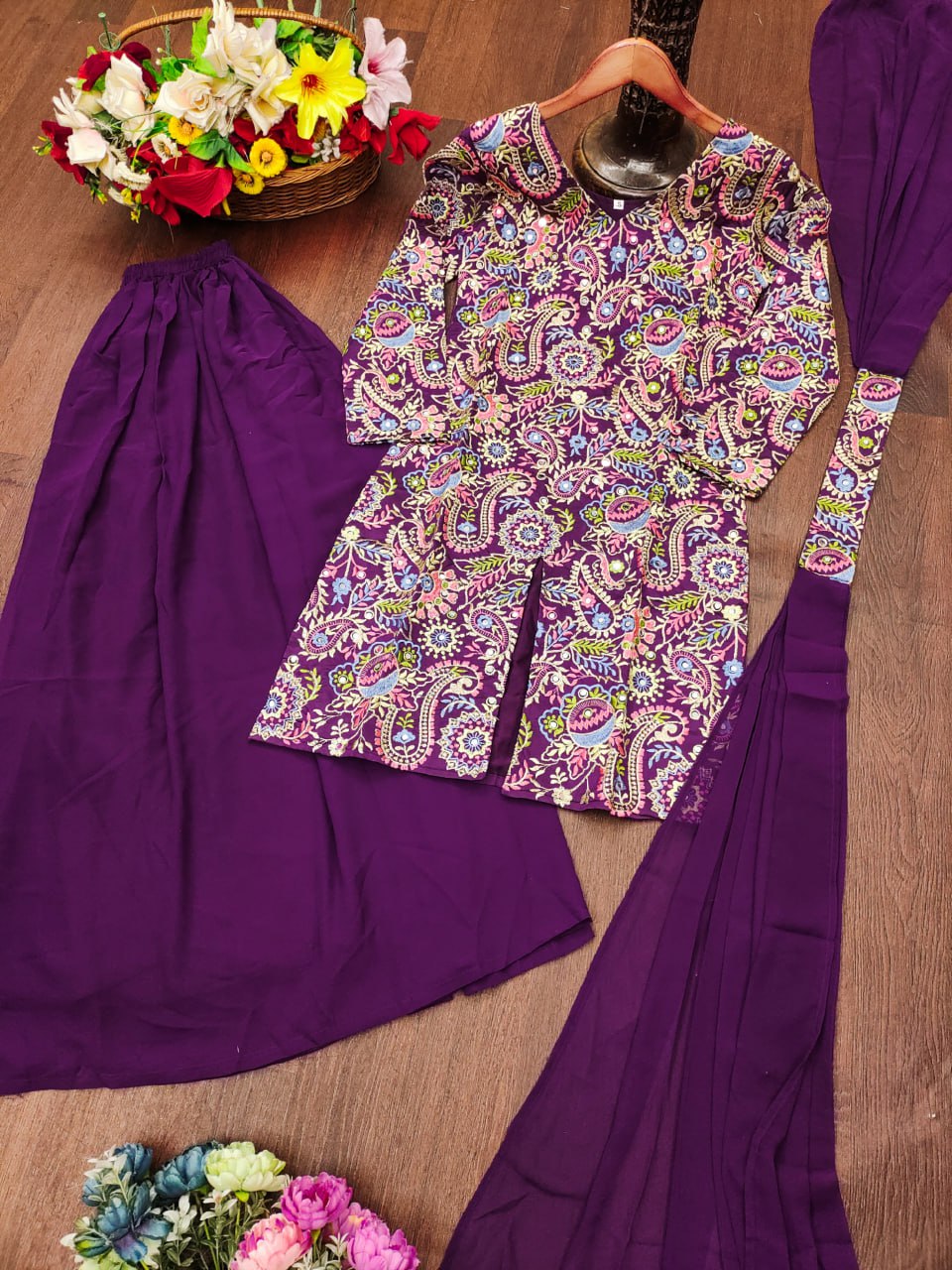 Wine Tapeta Silk Embroidered Sharara Suit with Sequins & Real Mirror Work