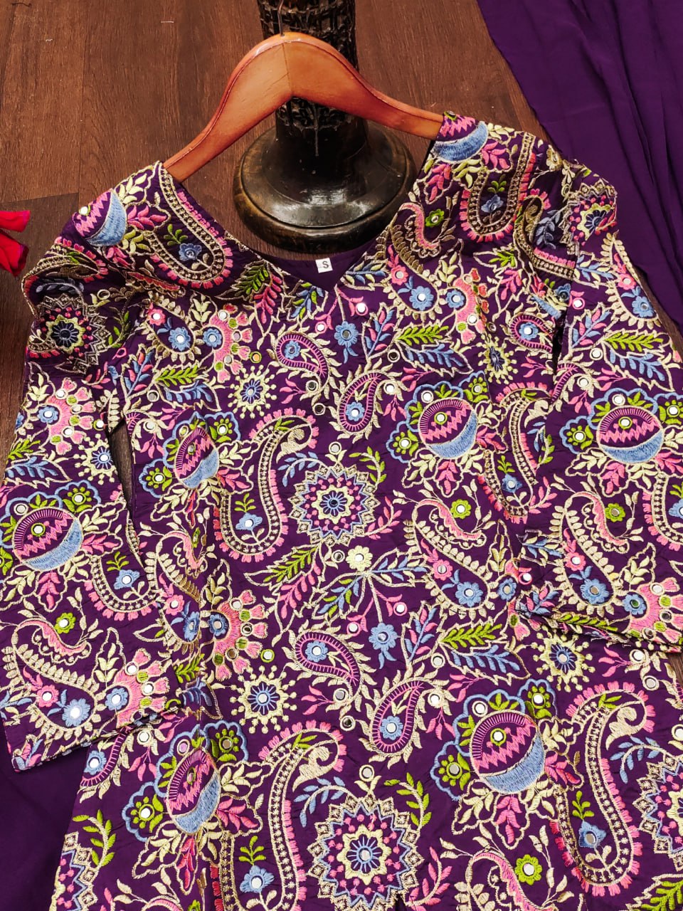 Wine Tapeta Silk Embroidered Sharara Suit with Sequins & Real Mirror Work