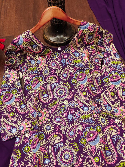 Wine Tapeta Silk Embroidered Sharara Suit with Sequins & Real Mirror Work