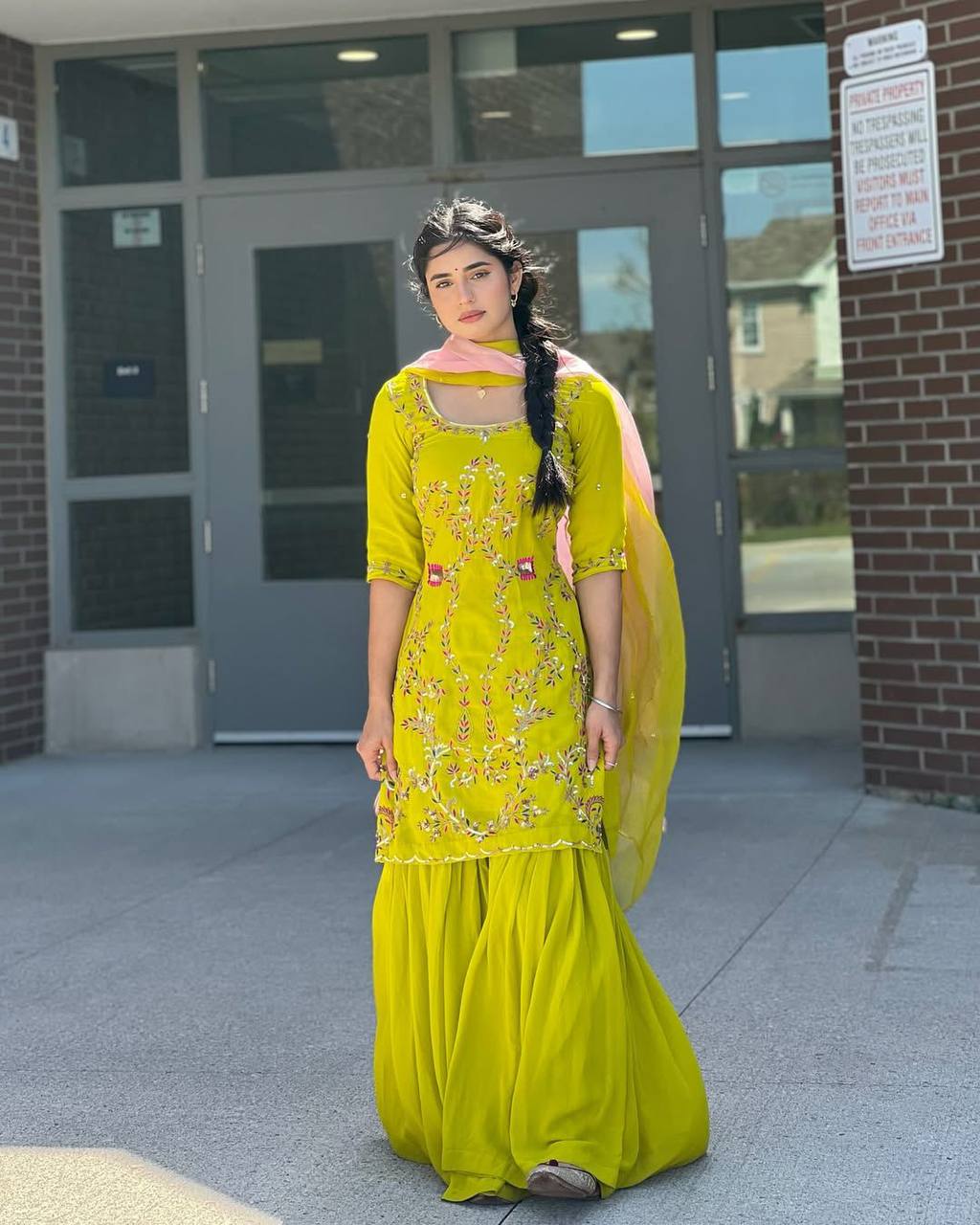 Yellow Designer Georgette Embroidered Sharara Suit with Pink Dupatta