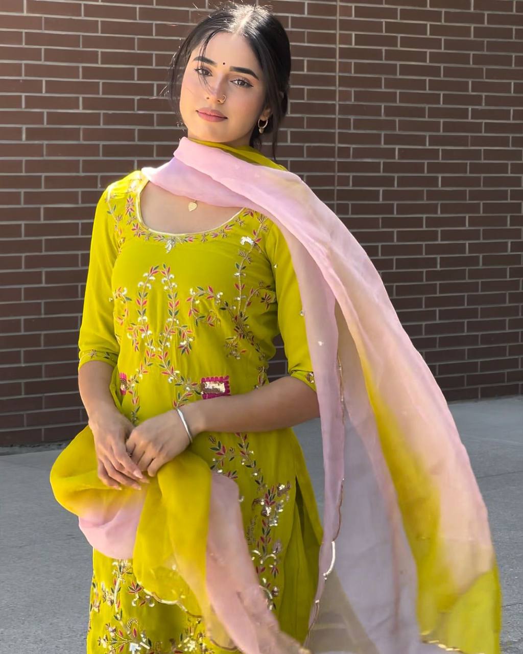 Yellow Designer Georgette Embroidered Sharara Suit with Pink Dupatta