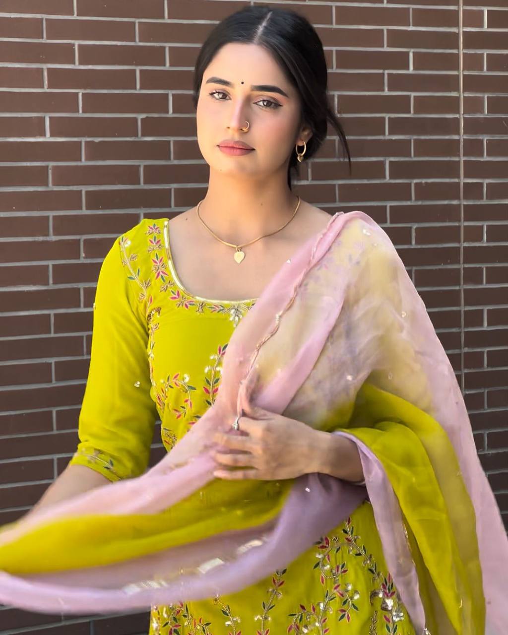 Yellow Designer Georgette Embroidered Sharara Suit with Pink Dupatta