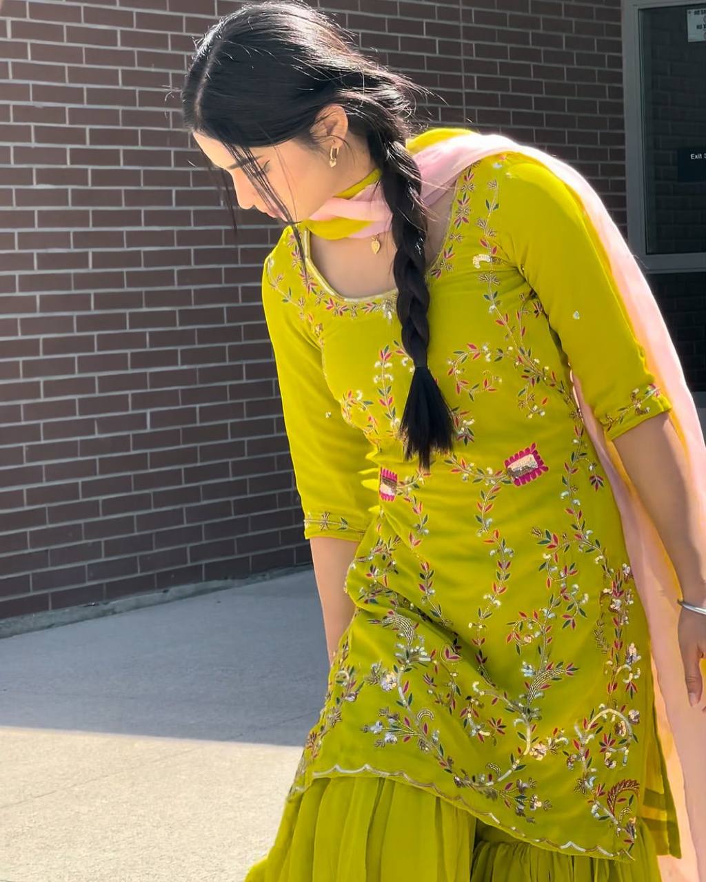 Yellow Designer Georgette Embroidered Sharara Suit with Pink Dupatta