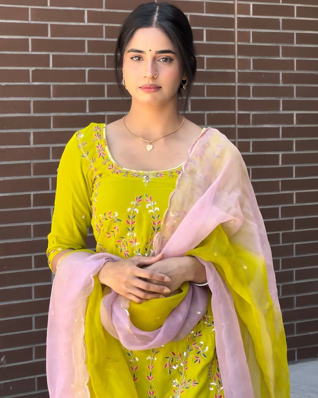 Yellow Designer Georgette Embroidered Sharara Suit with Pink Dupatta