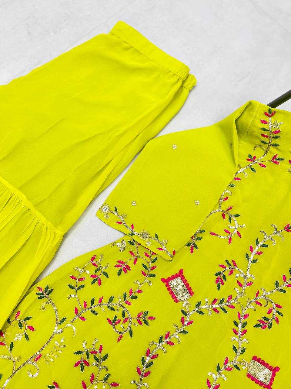 Yellow Designer Georgette Embroidered Sharara Suit with Pink Dupatta