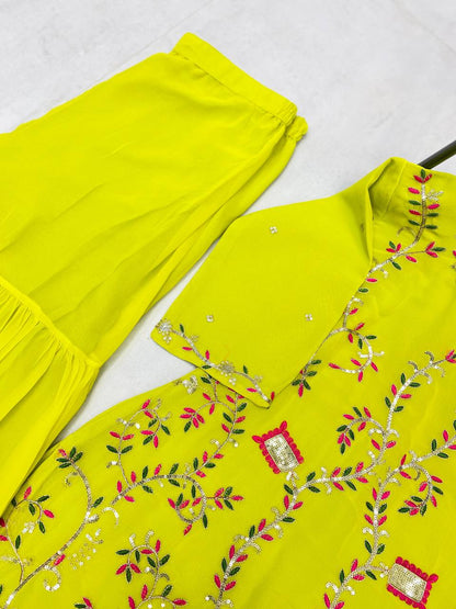 Yellow Designer Georgette Embroidered Sharara Suit with Pink Dupatta