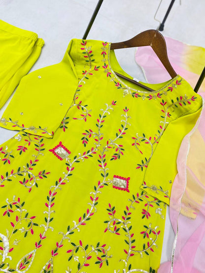 Yellow Designer Georgette Embroidered Sharara Suit with Pink Dupatta
