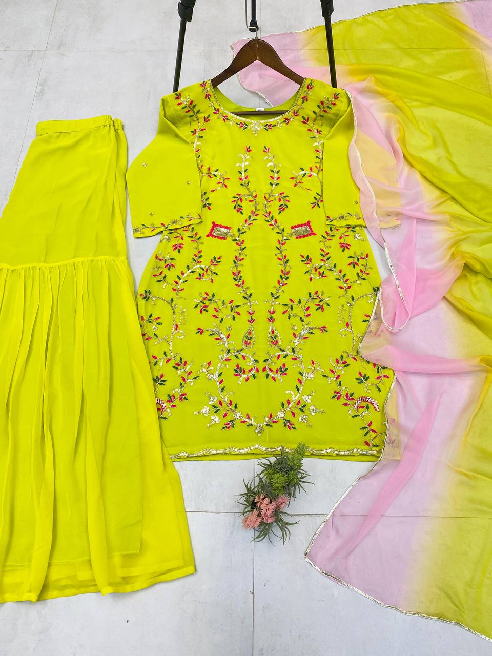 Yellow Designer Georgette Embroidered Sharara Suit with Pink Dupatta