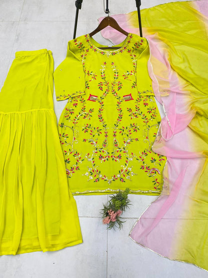 Yellow Designer Georgette Embroidered Sharara Suit with Pink Dupatta