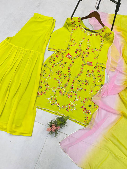Yellow Designer Georgette Embroidered Sharara Suit with Pink Dupatta