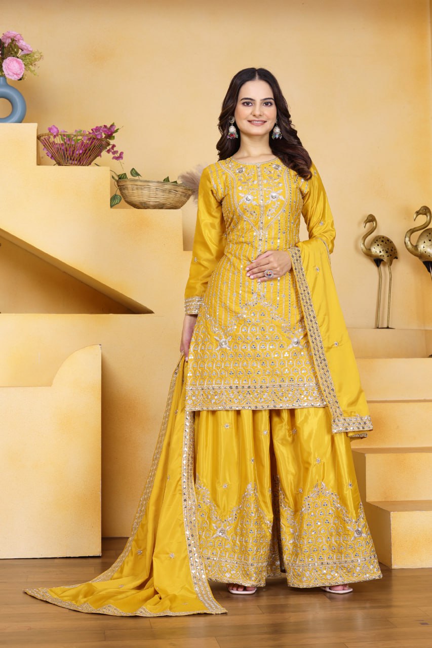Yellow Designer Natural Crepe Sequins Embroidered Sharara Suit 