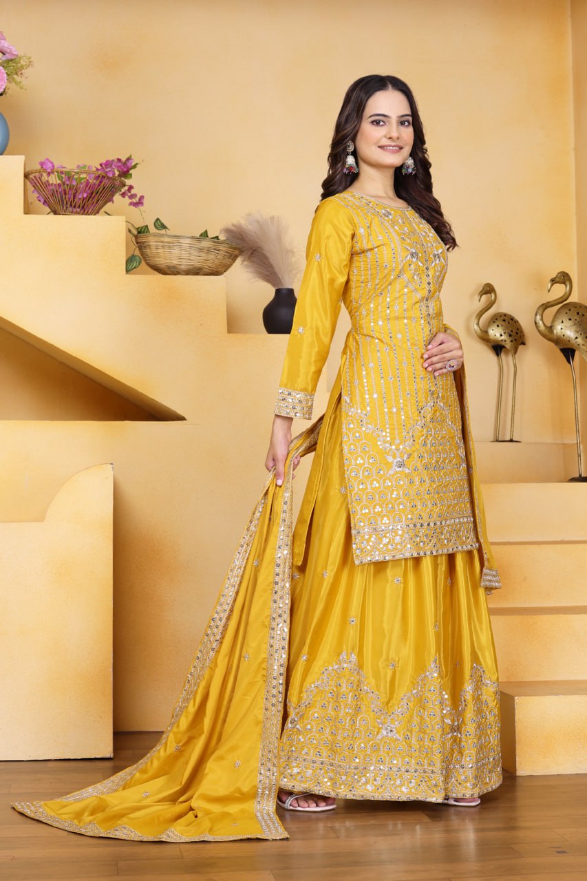 Yellow Designer Natural Crepe Sequins Embroidered Sharara Suit 