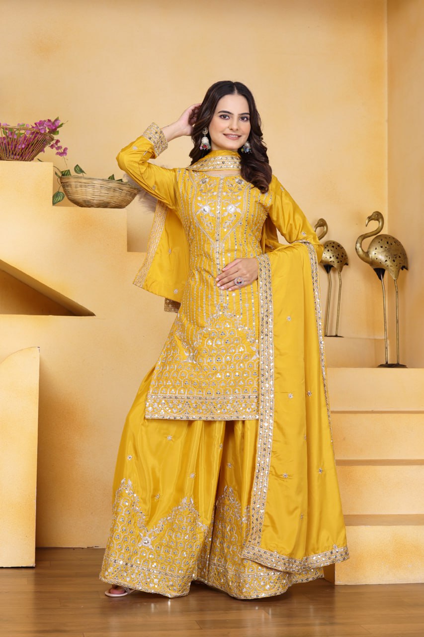 Yellow Designer Natural Crepe Sequins Embroidered Sharara Suit 