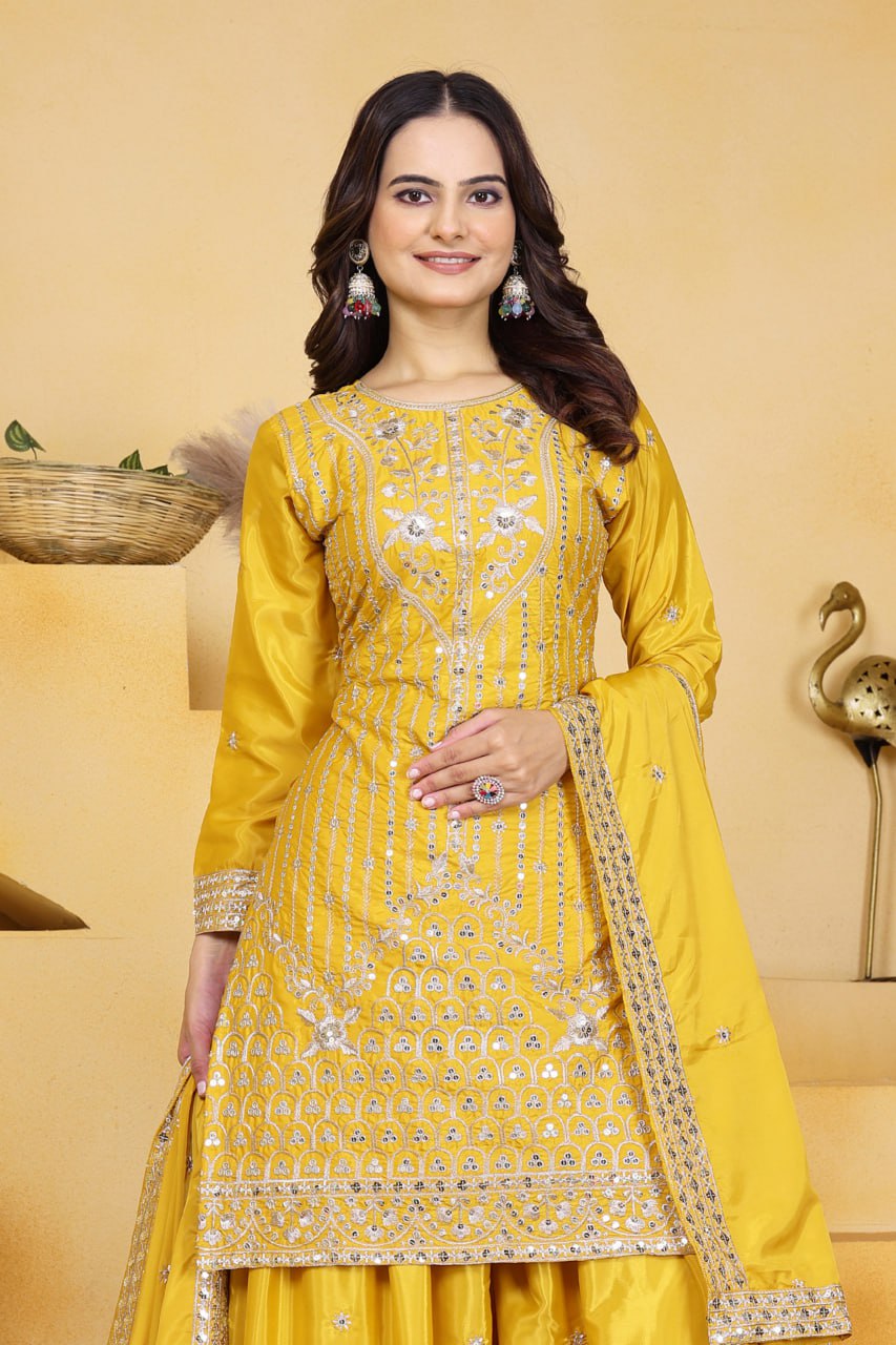 Yellow Designer Natural Crepe Sequins Embroidered Sharara Suit 