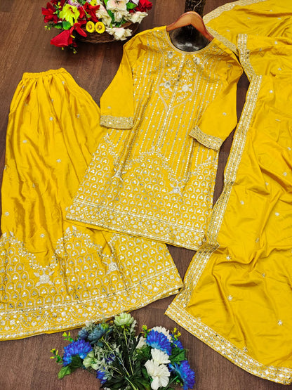 Yellow Designer Natural Crepe Sequins Embroidered Sharara Suit 