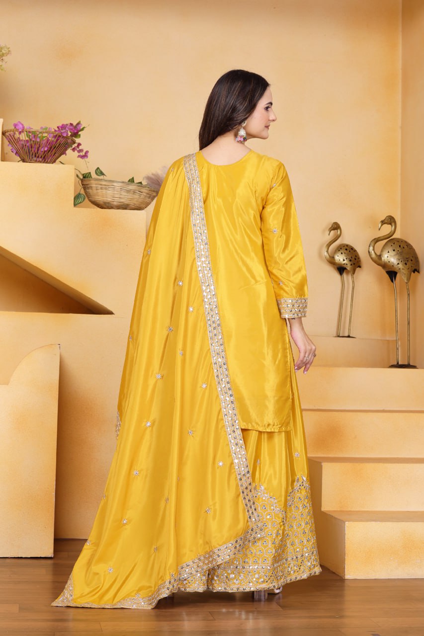Yellow Designer Natural Crepe Sequins Embroidered Sharara Suit 