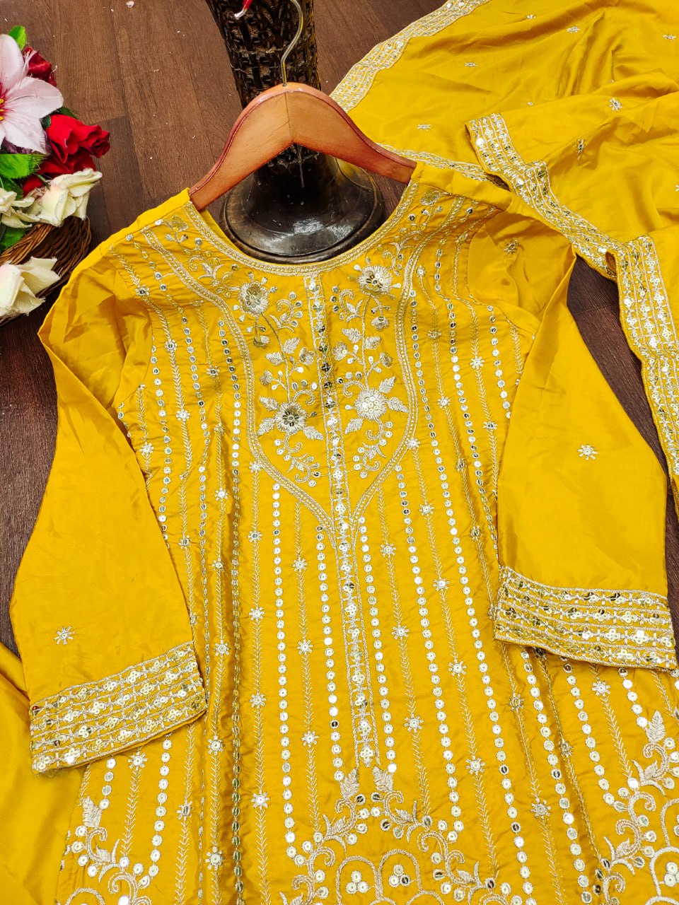 Yellow Designer Natural Crepe Sequins Embroidered Sharara Suit 