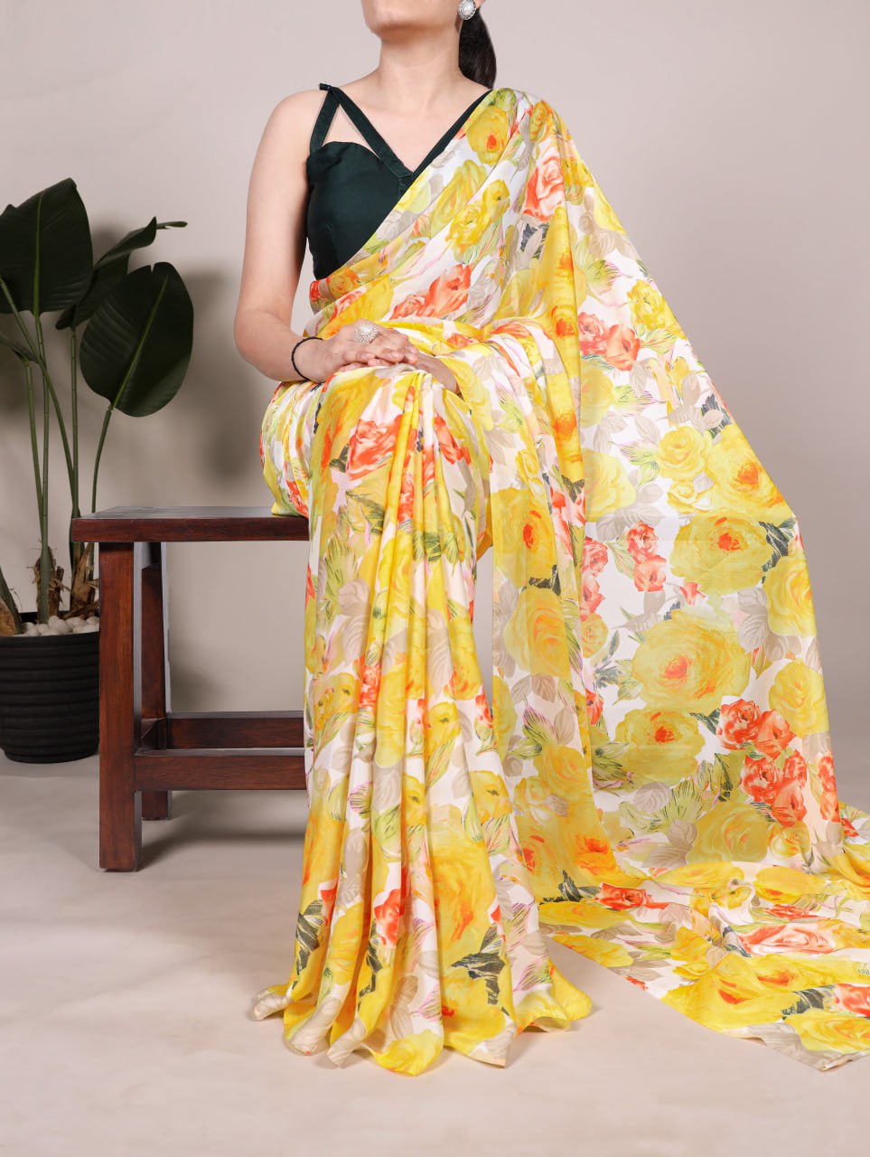 Yellow Dull Satin Floral Printed Saree with Moonga Silk Blouse