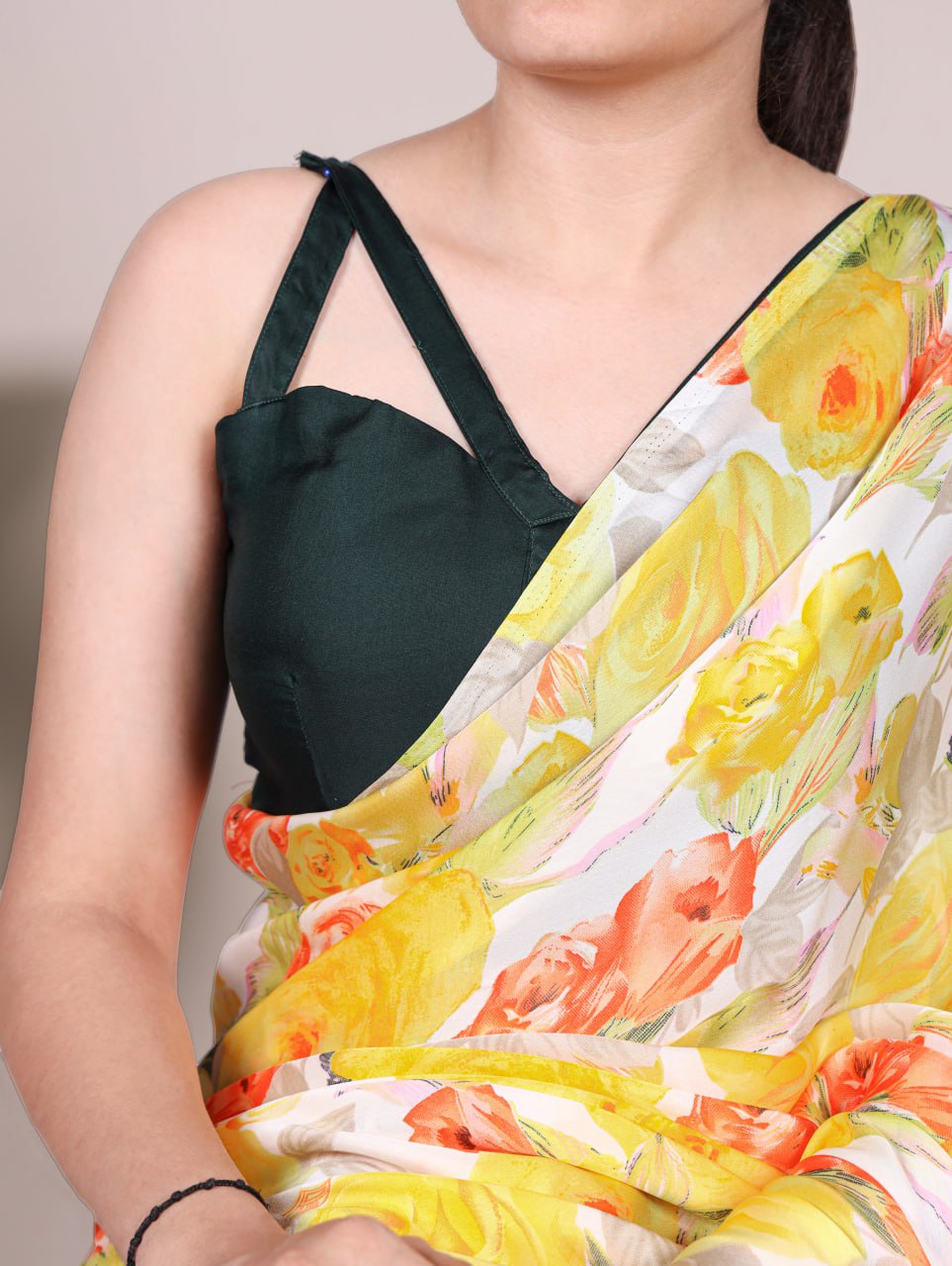 Yellow Dull Satin Floral Printed Saree with Moonga Silk Blouse