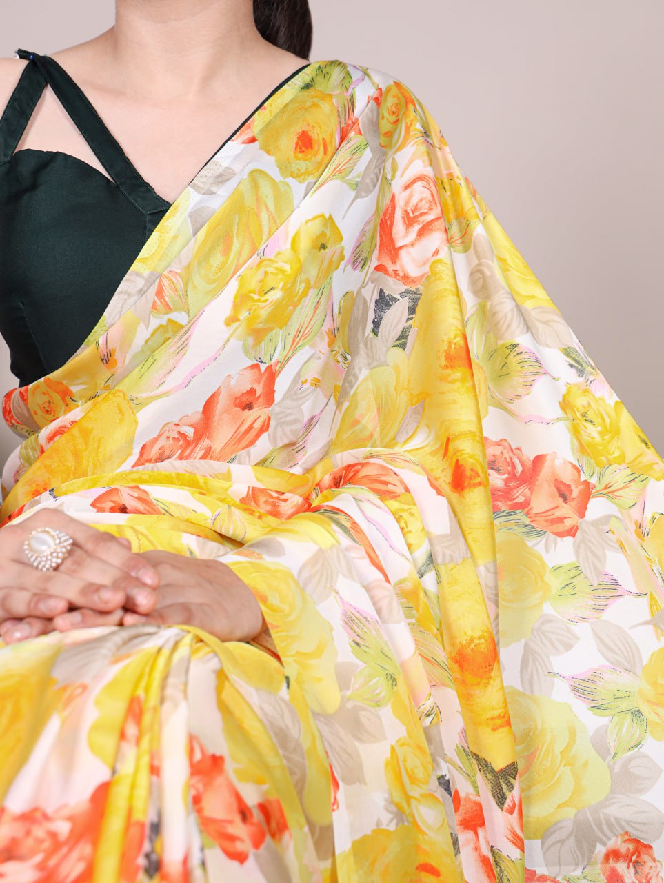 Yellow Dull Satin Floral Printed Saree with Moonga Silk Blouse