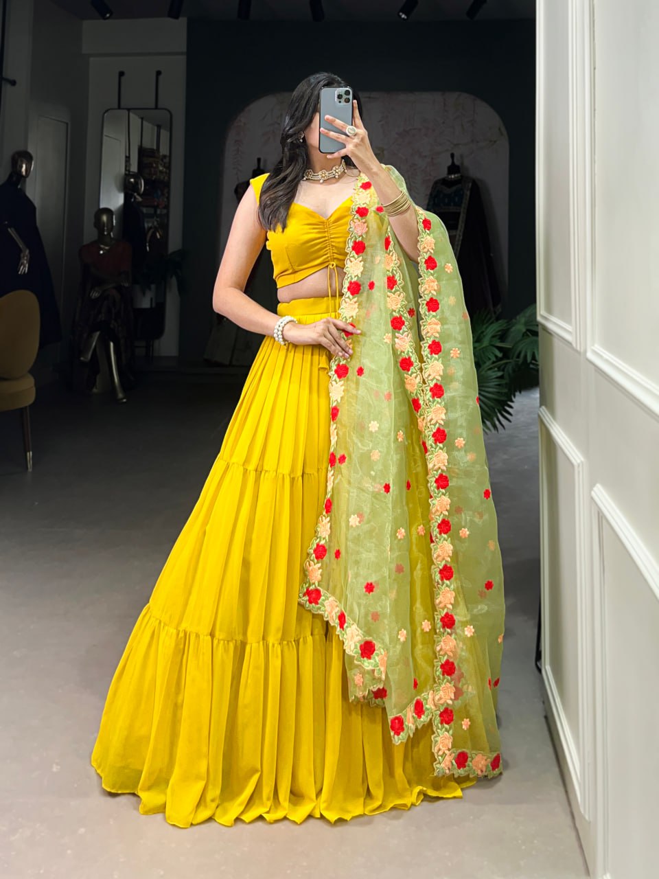 Yellow Elegant Georgette Pleated Lehenga Embroidered Organza Dupatta 