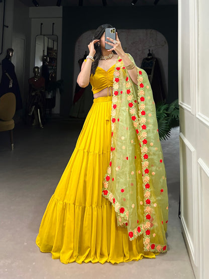 Yellow Elegant Georgette Pleated Lehenga Embroidered Organza Dupatta 