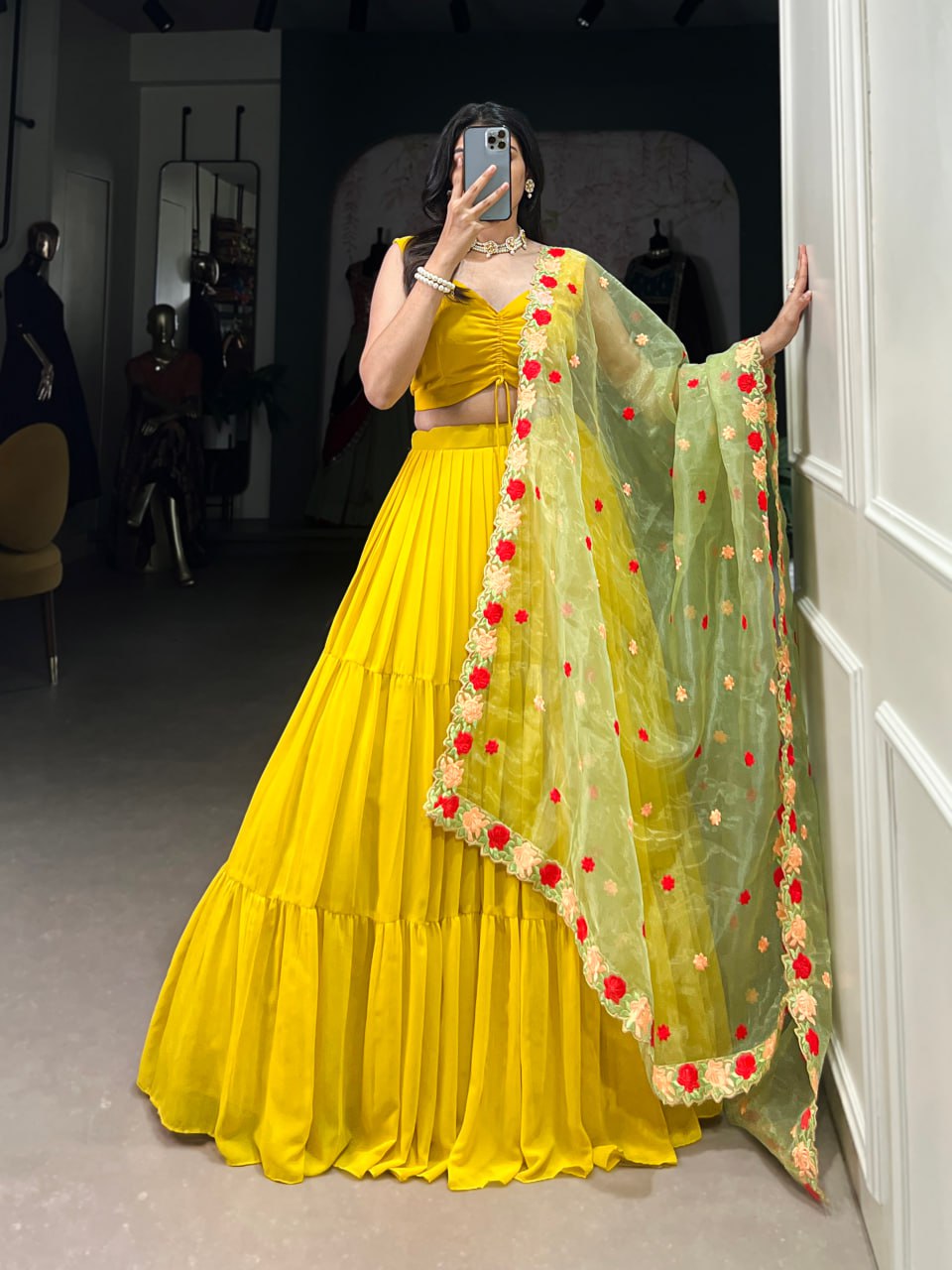 Yellow Elegant Georgette Pleated Lehenga Embroidered Organza Dupatta 