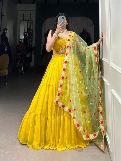 Yellow Elegant Georgette Pleated Lehenga Embroidered Organza Dupatta 