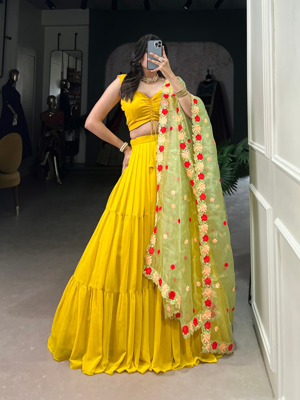 Yellow Elegant Georgette Pleated Lehenga Embroidered Organza Dupatta 