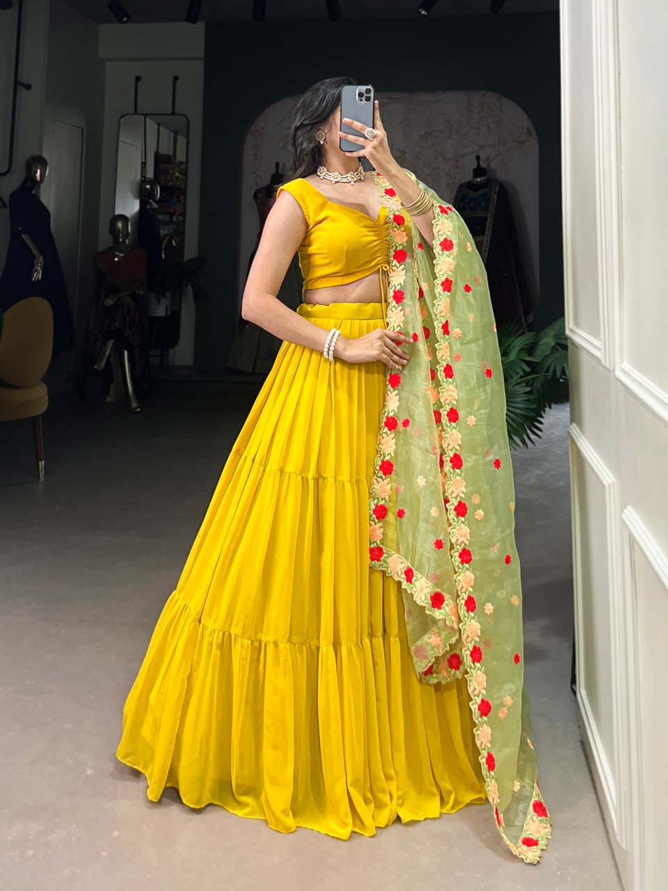 Yellow Elegant Georgette Pleated Lehenga Embroidered Organza Dupatta 