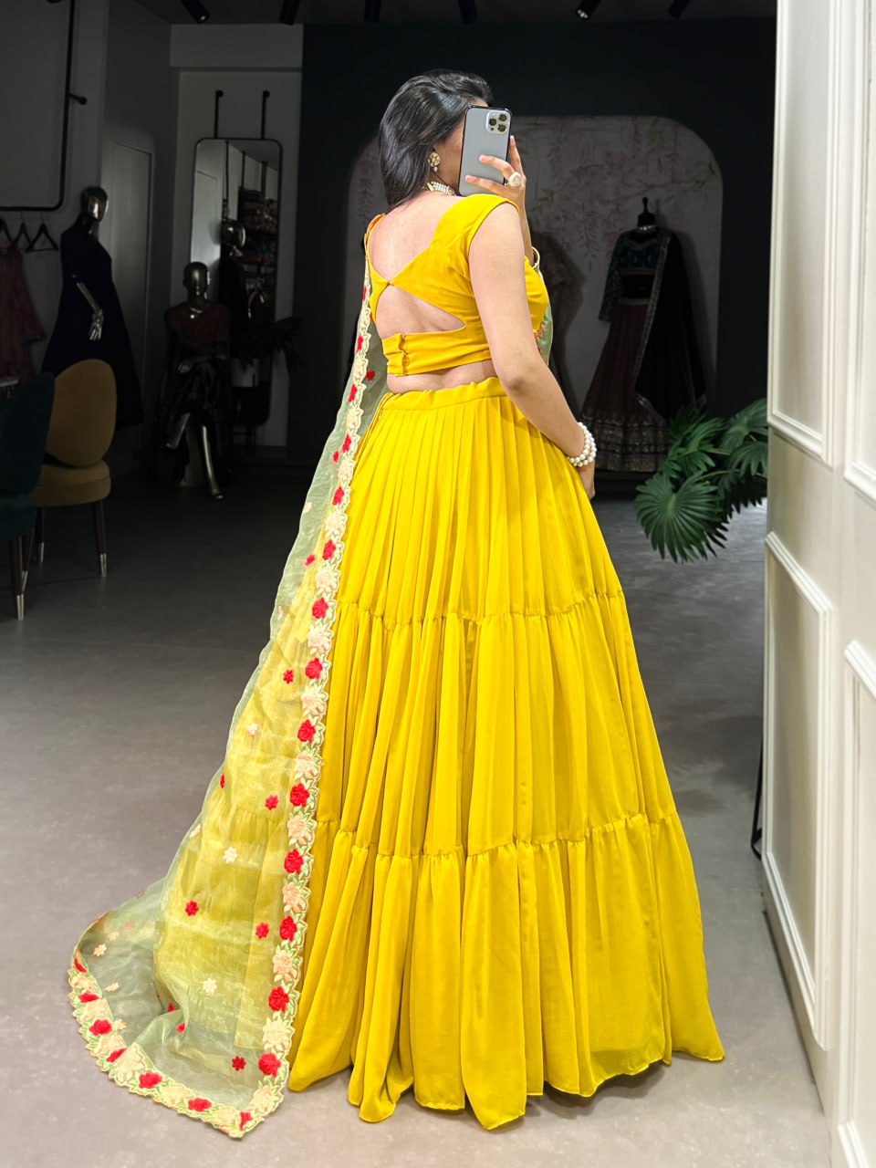 Yellow Elegant Georgette Pleated Lehenga Embroidered Organza Dupatta 