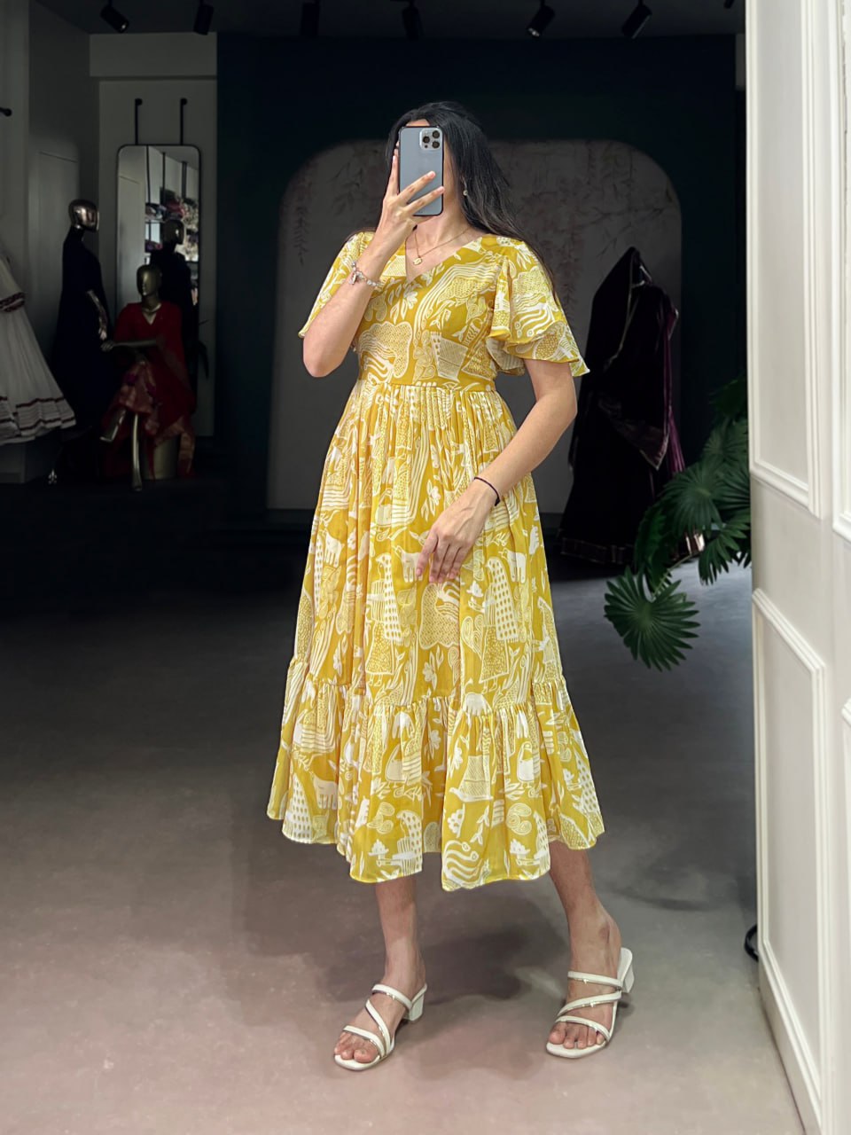 Yellow Elegant Sunshine Georgette Printed Frock – Breezy Stitched Dress