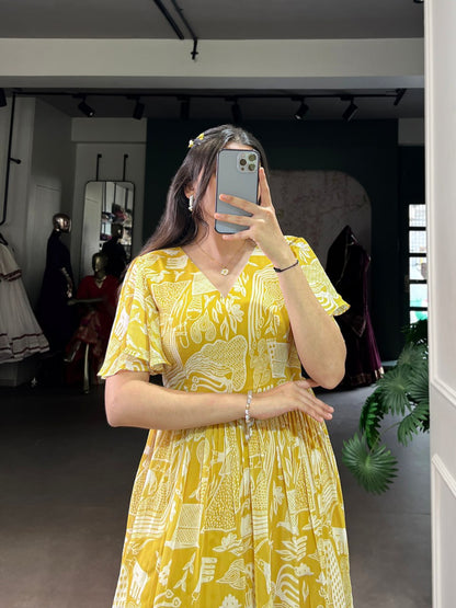 Yellow Elegant Sunshine Georgette Printed Frock – Breezy Stitched Dress