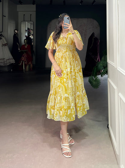 Yellow Elegant Sunshine Georgette Printed Frock – Breezy Stitched Dress