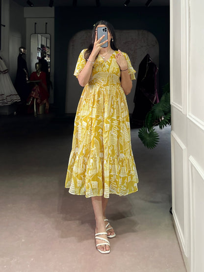 Yellow Elegant Sunshine Georgette Printed Frock – Breezy Stitched Dress