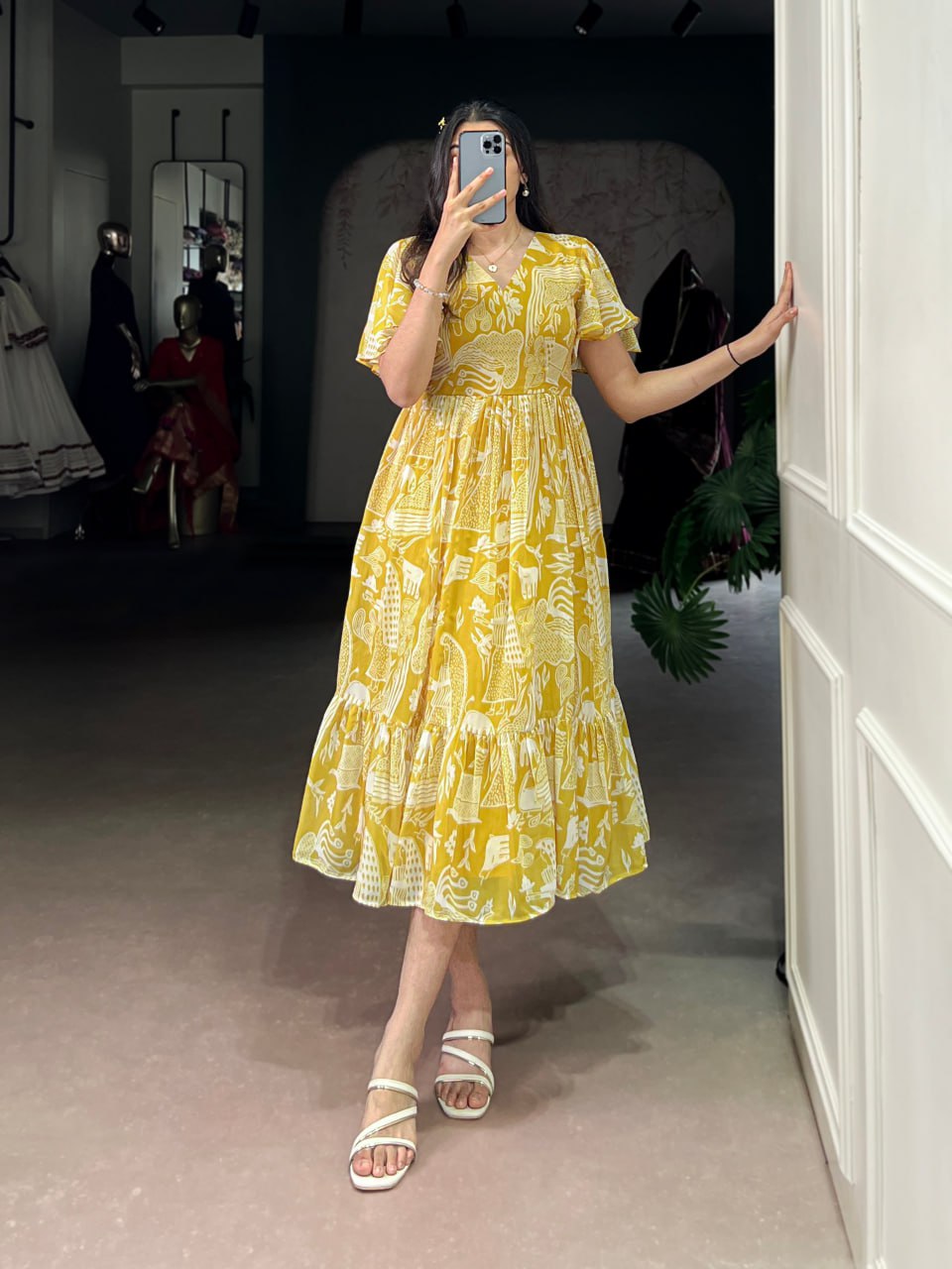 Yellow Elegant Sunshine Georgette Printed Frock – Breezy Stitched Dress